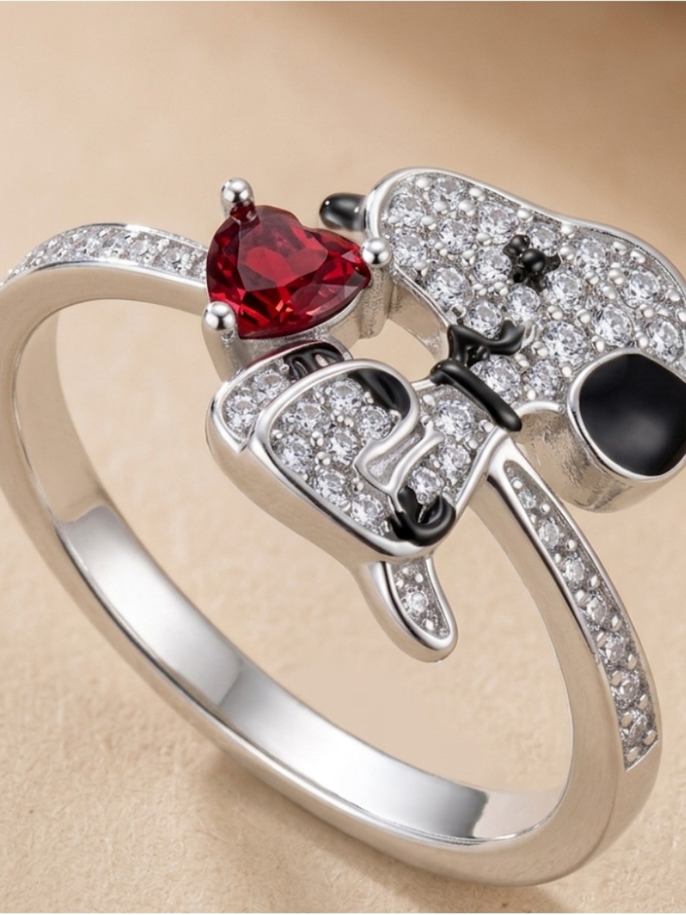 Silver-Tone Elephant Ring with Red Heart Gem